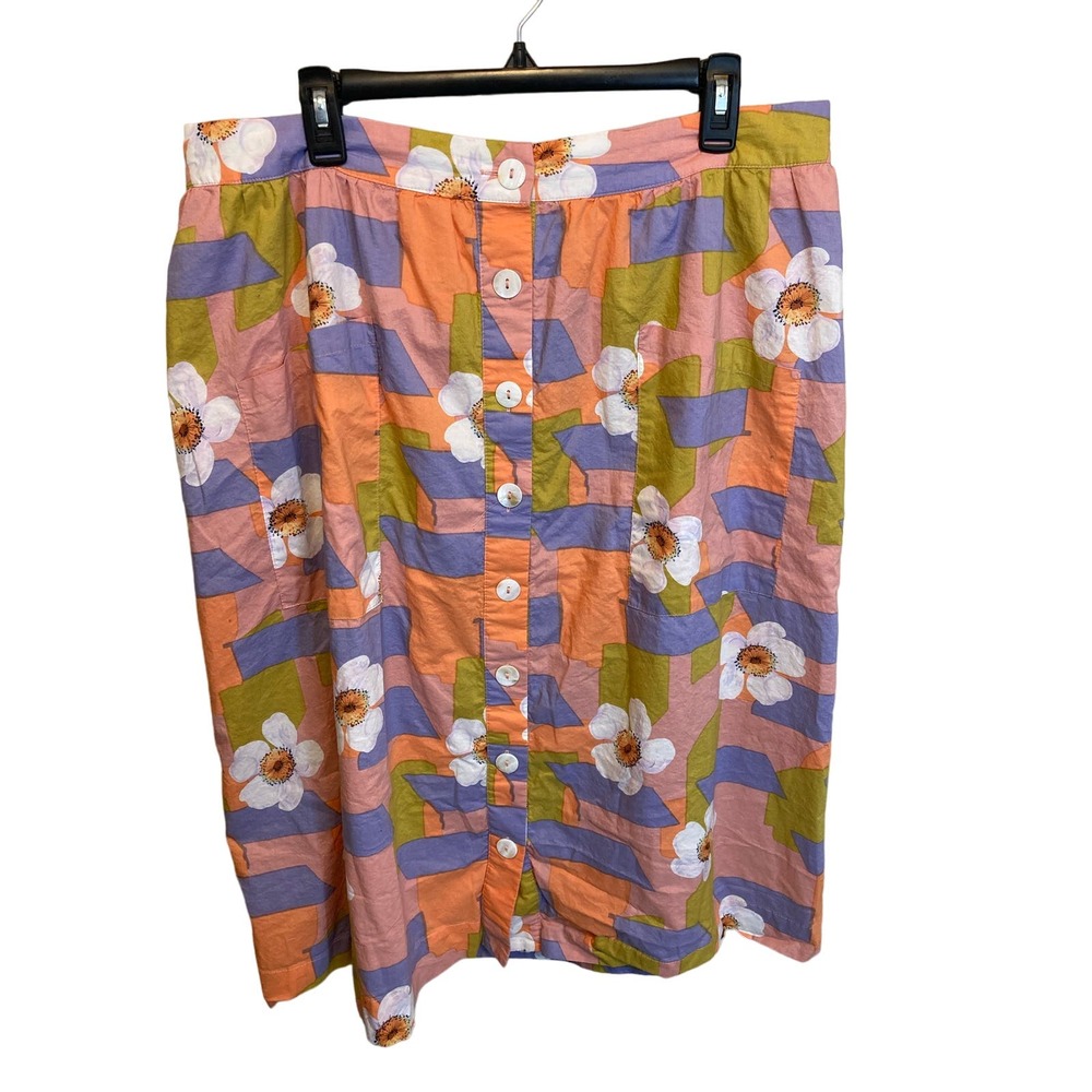 Roolee Floral Print Midi Length Button Front Skirt Elastic Waist Size XL